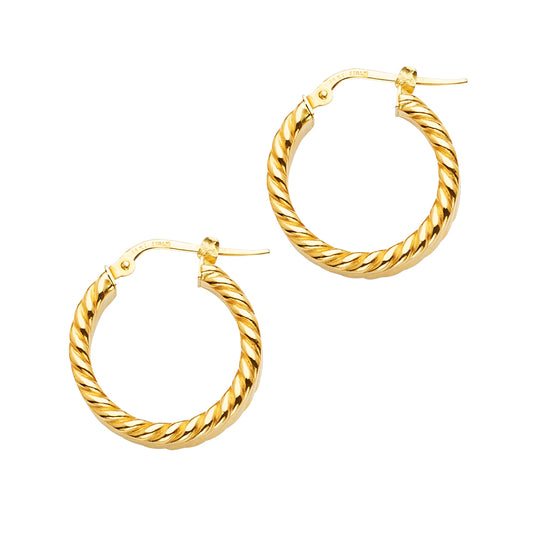 14K Yellow Gold braided croissant style medium sized hoops. 