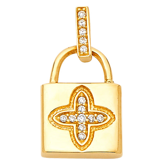 14K Yellow Gold lock pendant with Sim - Diamond encrusted blossom. 